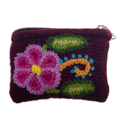Handloomed Flower-Themed Wool Coin Purse from Peru