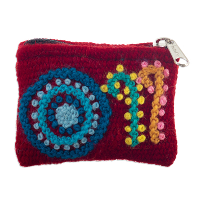 Handloomed Colorful Wool Coin Purse in a Crimson Base Hue