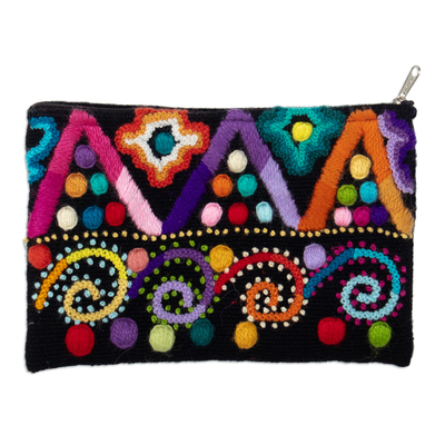 Hand-Woven and Hand-Embroidered Wool Cosmetic Bag in Black