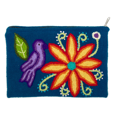 Hand-Woven & Hand-Embroidered Wool Cosmetic Bag with Sparrow
