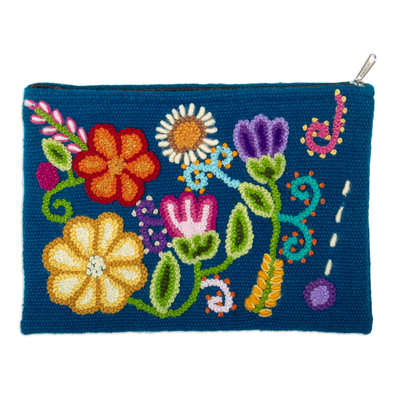 Hand-Woven and Hand-Embroidered Wool Floral Cosmetic Bag