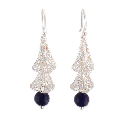 Silver Filigree Dangle Earrings with Lapis Lazuli Stone