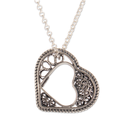 Heart-Shaped Sterling Silver Filigree Pendant Necklace