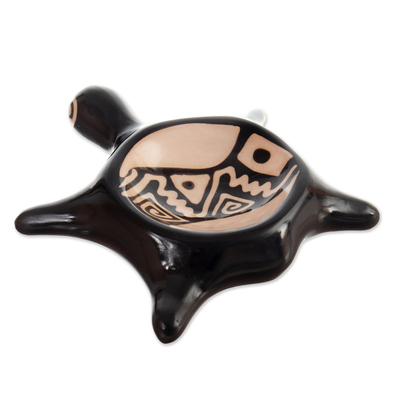 Handcrafted Black and Beige Ceramic Vicus Turtle Catchall