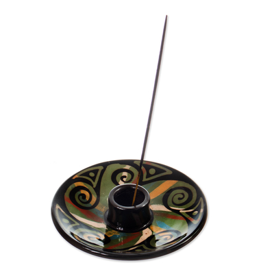 Handcrafted Swirl-Patterned Round Ceramic Incense Holder