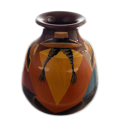 Colorful Hand-Painted Andean-Themed Ceramic Decorative Vase