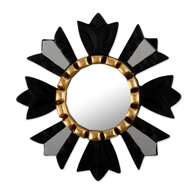 Sun-Themed Black Bronze Gilded Wood Wall Accent Mirror