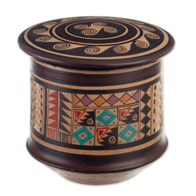 Ceramic Decorative Box with Inca Motifs Hand-Painted in Peru