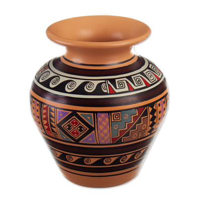 Inca-Themed Ceramic Decorative Vase Hand-Painted in Peru