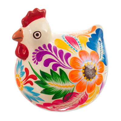 Hand-Painted Classic Floral Ceramic Hen Figurine in White
