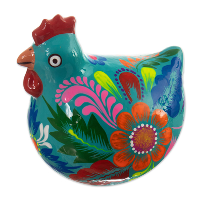Hand-Painted Classic Floral Ceramic Hen Figurine in Teal