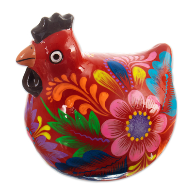 Hand-Painted Classic Floral Ceramic Hen Figurine in Red