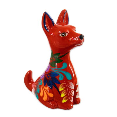 Hand-Painted Floral Ceramic Peruvian Dog Figurine in Red