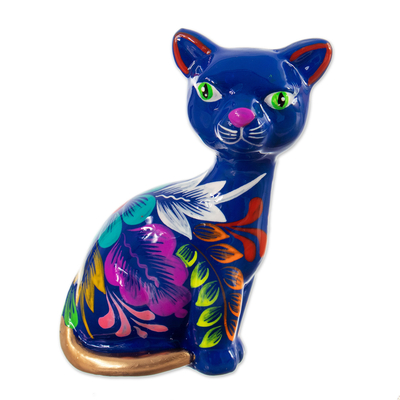 Hand-Painted Leafy and Floral Blue Ceramic Cat Figurine