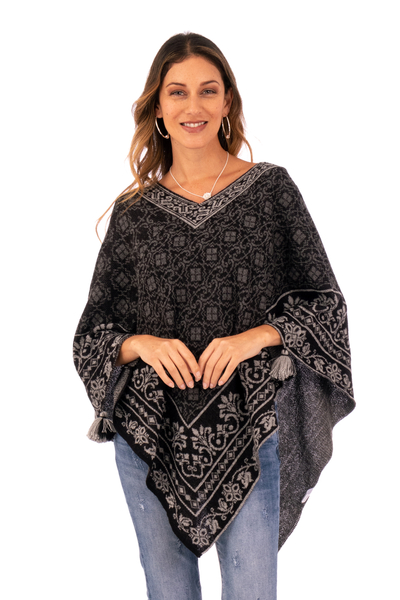 Geometric and Floral 100% Alpaca Poncho in Black and Grey