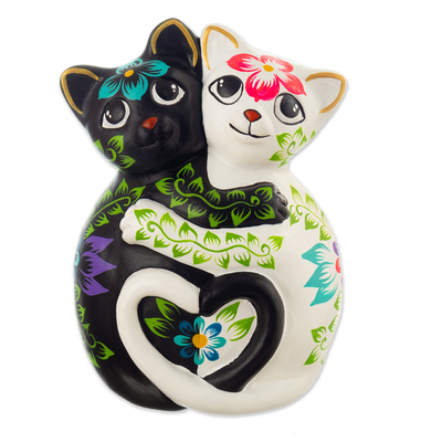 Cat-Themed Floral Handcrafted Ceramic Sculpture