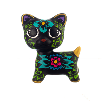 Handcrafted Floral and Leafy Black Ceramic Kitten Figurine