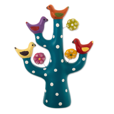 Teal Ceramic Tree Sculpture with Bird and Floral Motifs