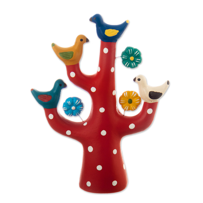 Red Ceramic Tree Sculpture with Bird and Floral Motifs