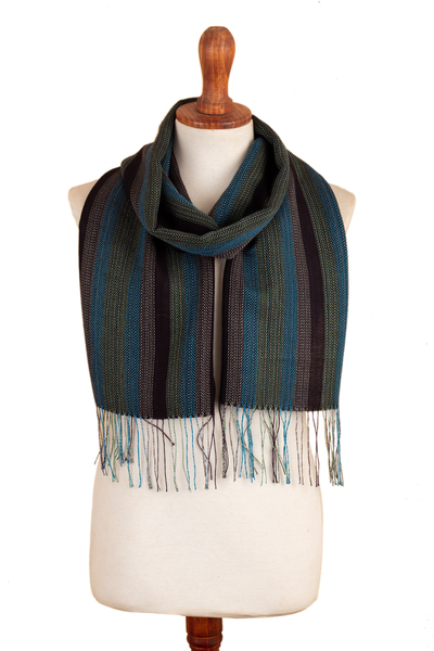 Handwoven Baby Alpaca Blend Scarf with Cyan Stripes