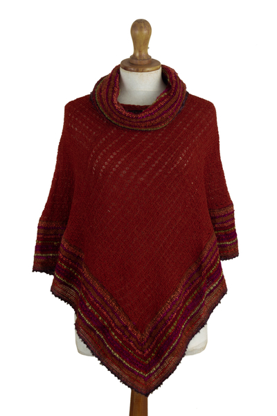 Knit & Hand-Woven Baby Alpaca Blend Poncho in Red from Peru