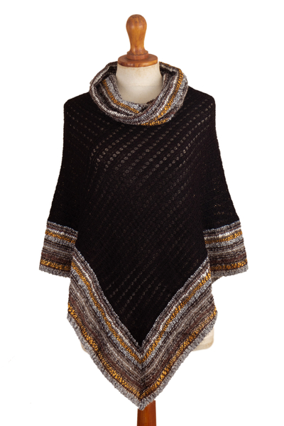 Black Knit & Hand-Woven Baby Alpaca Blend Poncho from Peru