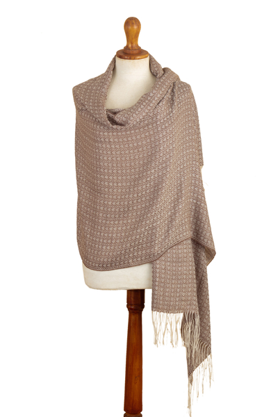 Handwoven Patterned Alpaca Blend Shawl in Sepia and Ivory