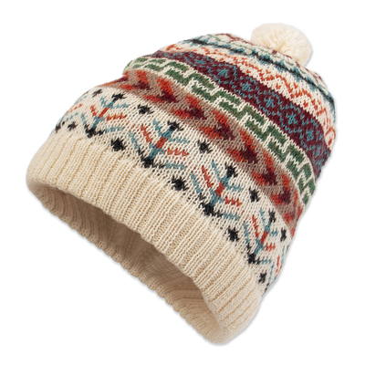 Traditional Knit Ivory Alpaca Hat from the Andes