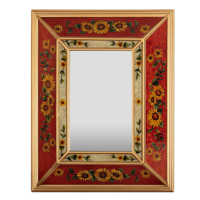 Floral Red Reverse-Painted Glass Wall Mirror from Peru