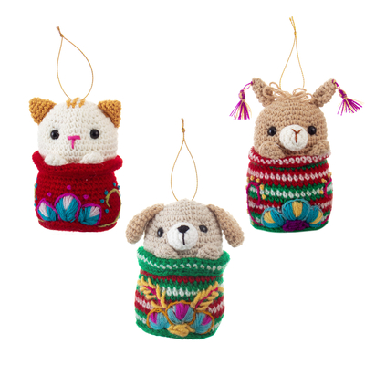 3 Crocheted Dog Cat and Llama Ornaments with Hand Embroidery
