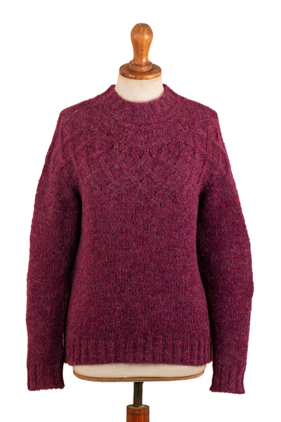 Burgundy Alpaca Blend Pullover Sweater with Aran Knit Motifs