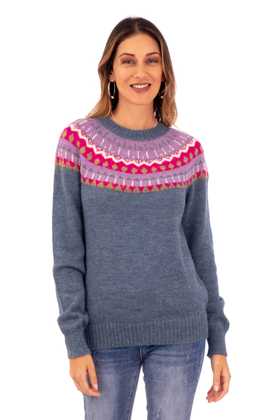 100% Alpaca Knit & Patterned Pullover Sweater in Steel Blue