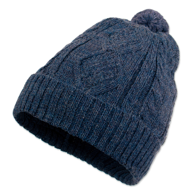 Geometric Soft 100% Alpaca Knit Hat in an Indigo Hue