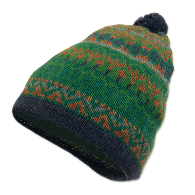 Handcrafted Geometric Patterned Green 100% Alpaca Knit Hat