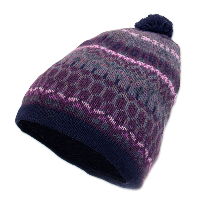 Handcrafted Geometric Patterned Purple 100% Alpaca Knit Hat