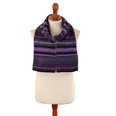 Knit 100% Alpaca Striped Patterned Scarf in Purple and Blue