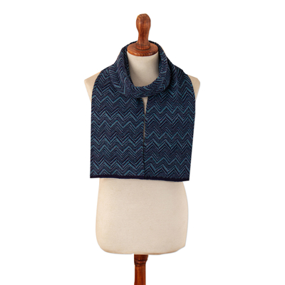 100% Alpaca Knit Scarf with Inverted Chevron Pattern in Blue