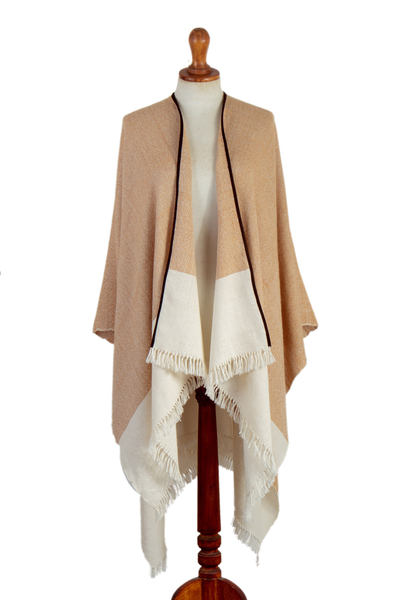 Fringed and Suede Trimmed Baby Alpaca Ruana in Brown & White
