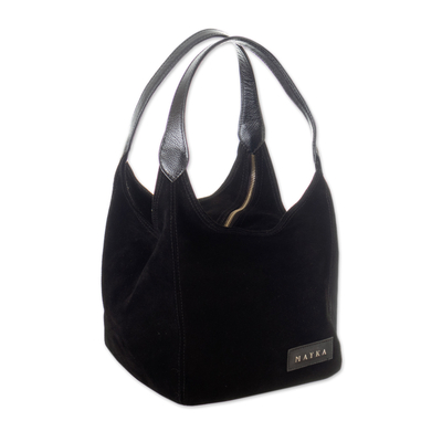 Modern Leather-Accented Cube Suede Handbag in Black