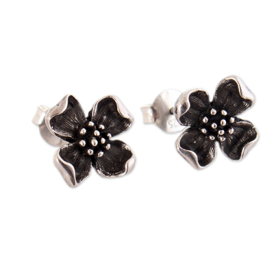 Sterling Silver Floral Button Earrings with Oxidized Finish