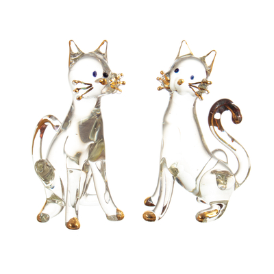 Pair of Gilded Clear Blown Glass Cat Figurines from Peru