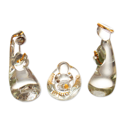 Modern Handblown Glass Nativity Scene with Golden Accents