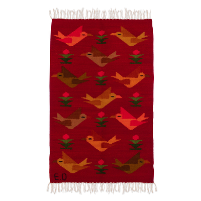 Handloomed Red Bird and Flower-Themed Wool Area Rug (2x3)