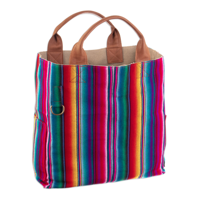 Striped Cotton Reversible Tote Bag with Leather Handles