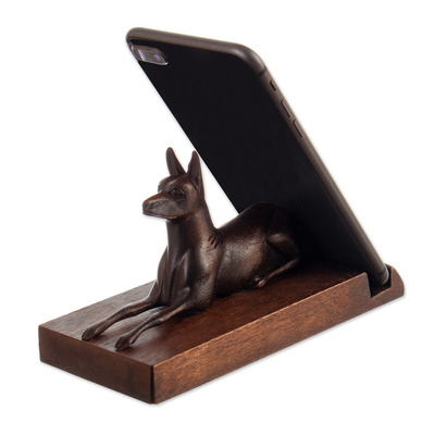 Hand-Carved Polished Cedar Wood Peruvian Dog Phone Holder