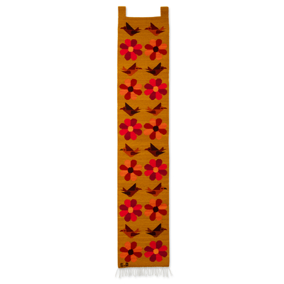Floral and Bird-Themed Handloomed Honey Wool Tapestry