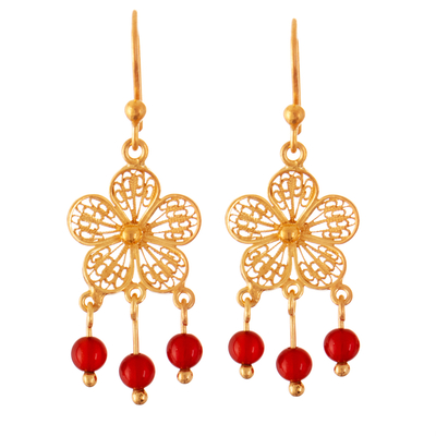 Gold-Plated Filigree Dangle Earrings with Carnelian Beads