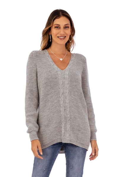 Soft Grey Alpaca Blend Pullover Sweater with V-Neckline