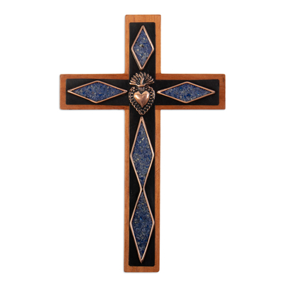 Copper and Bronze Wood Wall Cross with Sodalite Accents