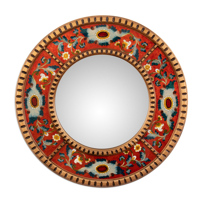 Floral Round Reverse-Painted Glass Wall Mirror in Red